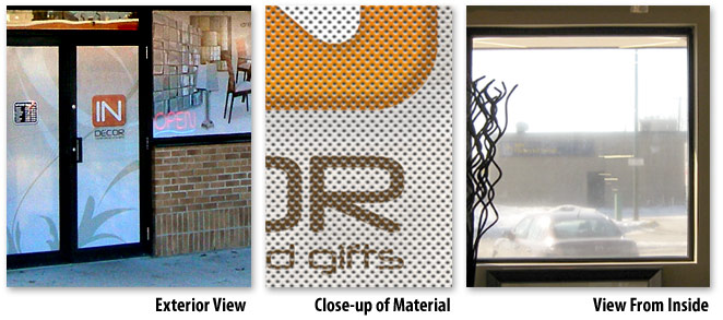 Samples of exterior wall, door, and perforated window vinyl graphics